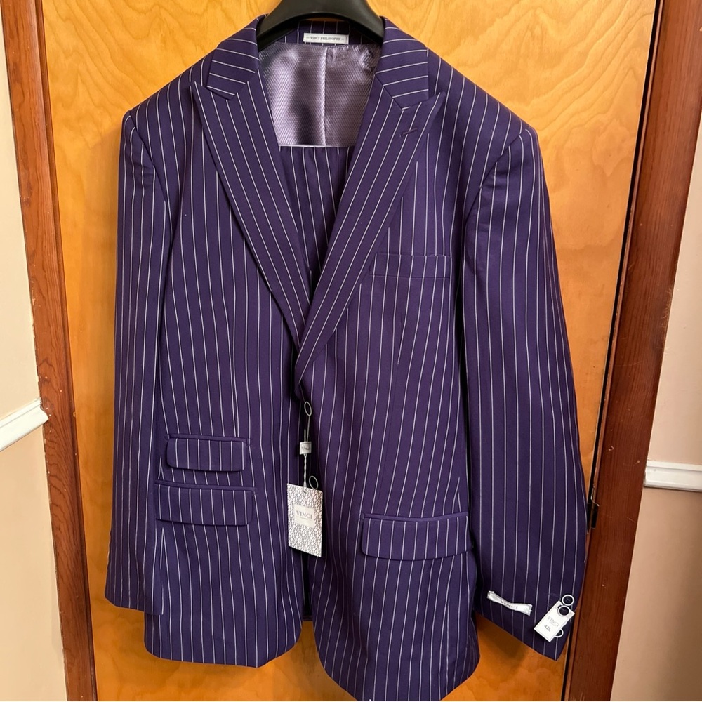 VINCI Men's Gangster Stripe 3-Piece Classic Fit Suit Size 42L/36 Waist
